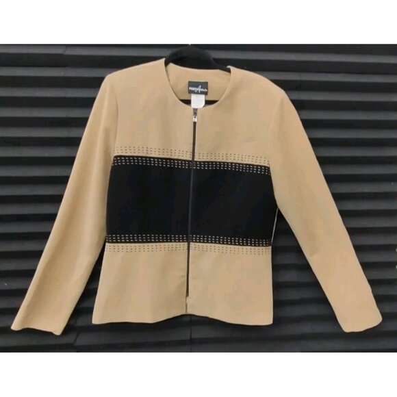 Vintage Positive Attitude Women Camel Black Long Sleeve Zip Jacket Padded Sz 14 - Picture 2 of 10